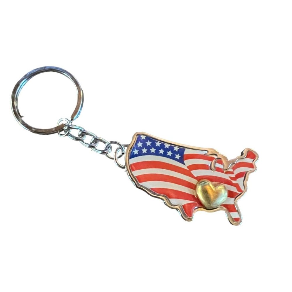 Vintage Silver Tone United States Patriotic Heart Keychain by Avon
